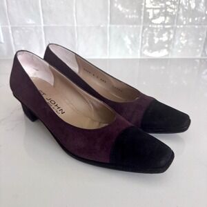 St. John Brown Suede Pumps Women's 8 Block Heal Square Black Toe Classic